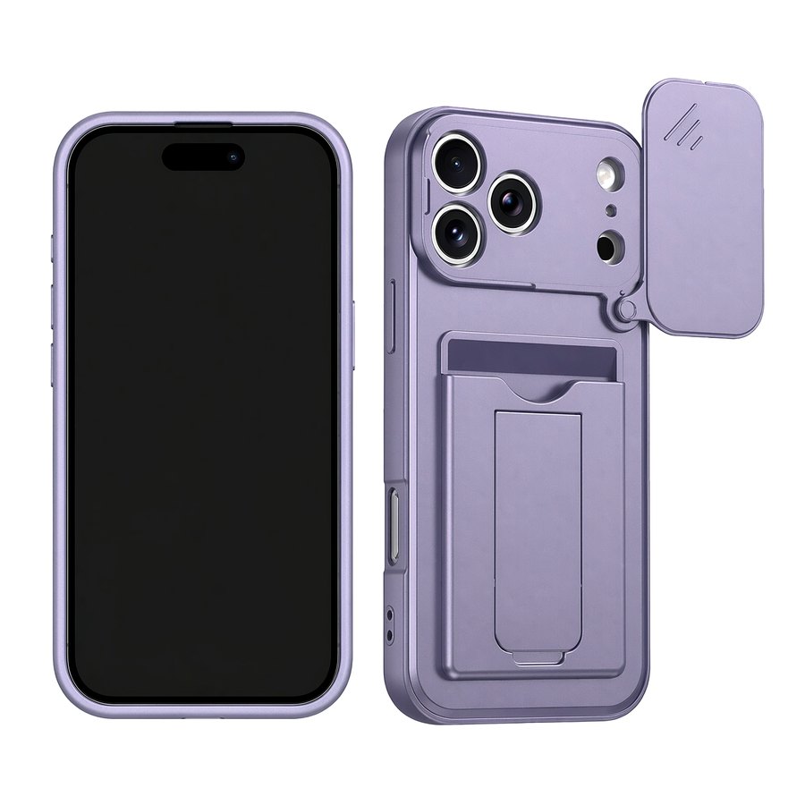 Card holder kickstand phone case in lilac with slide-in card slot and flip camera lens cover