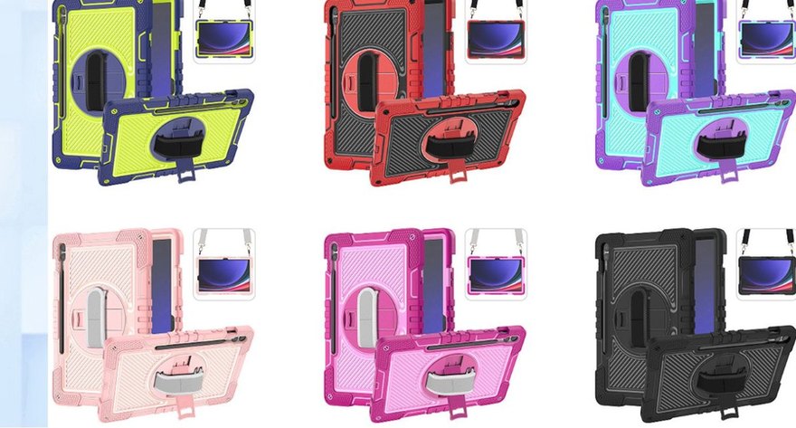 TJZC tablet cases with carbon fiber pattern, rotating ring handle and pencil holder in six colors