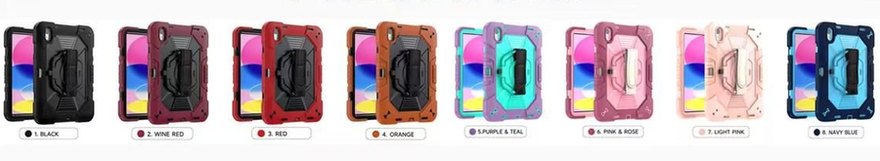 TJZD-A tablet case color options: black, wine red, red, orange, purple plus teal, pink and rose, light pink, navy blue